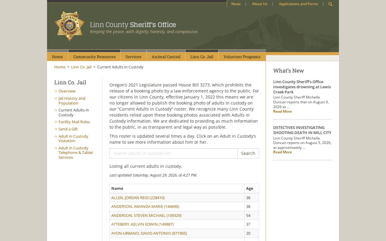 Linn County Jail current custody roster and booking record search